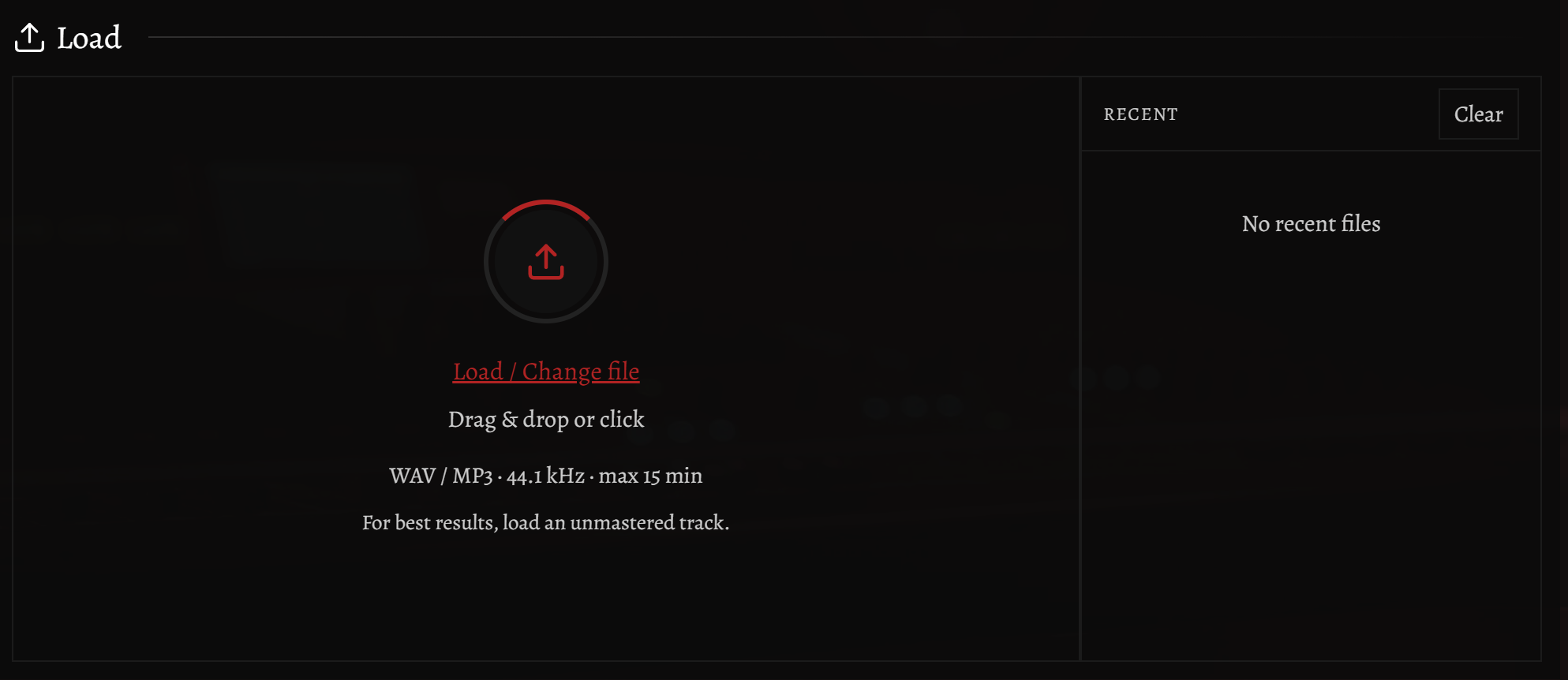 Upload screen of Mundi Mastering