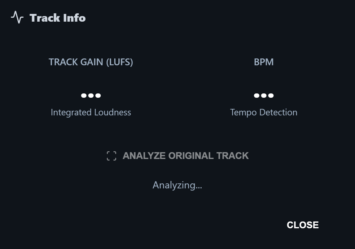 Track Info modal showing LUFS and BPM