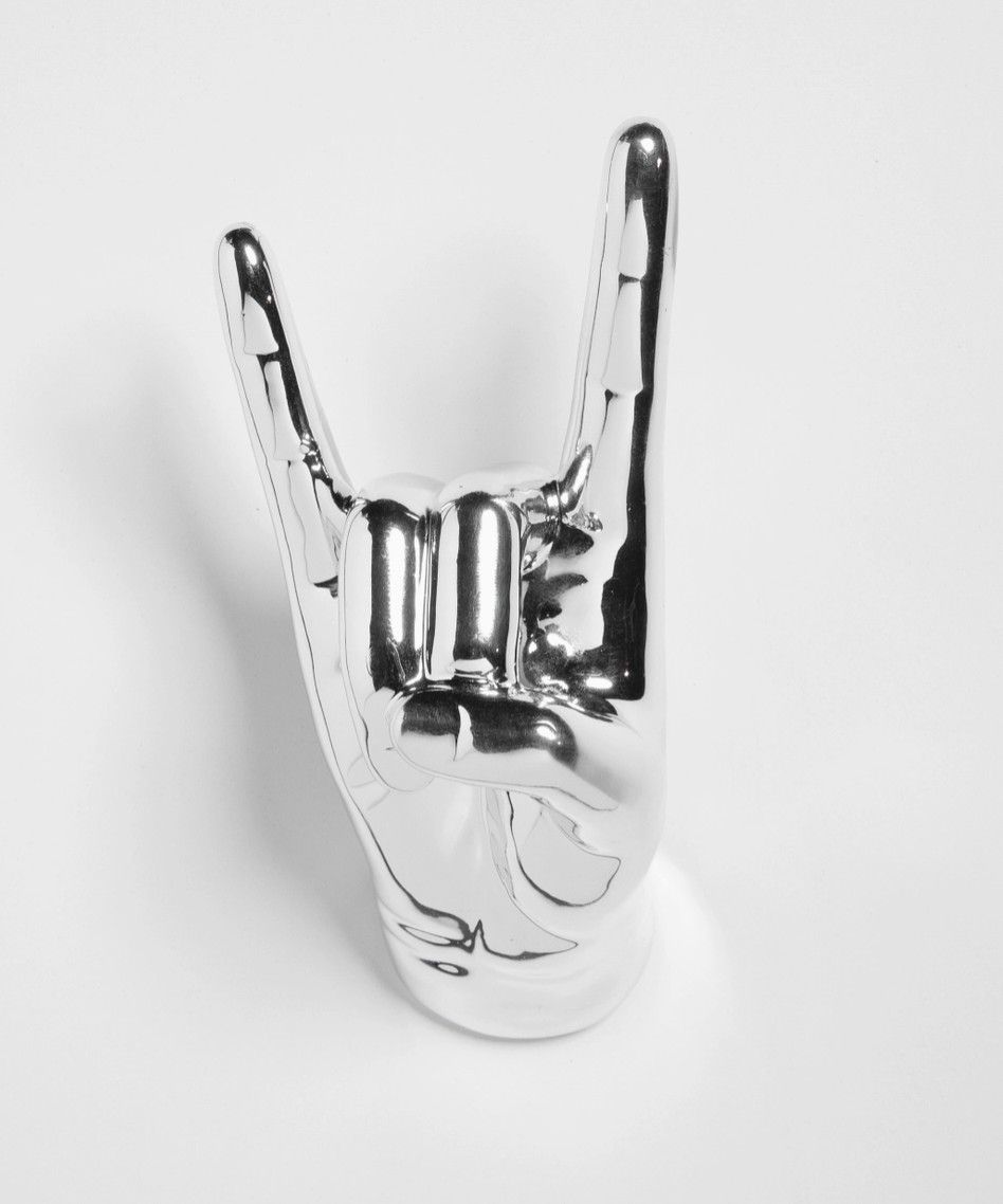 Ceramic Silver Rock on Hand Sculpture Wall Mount 8.5" Home Decor Gift Hook Holder