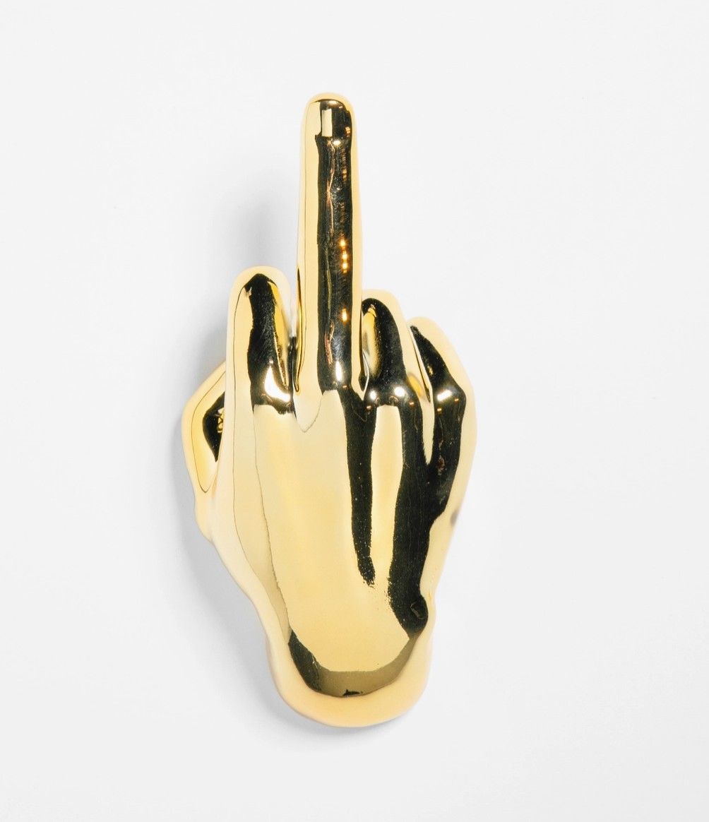 Ceramic Gold Middle Finger Sculpture Fuck Off Wall Mount 9" Home Office Art Studio Decor Gift Hook Holder