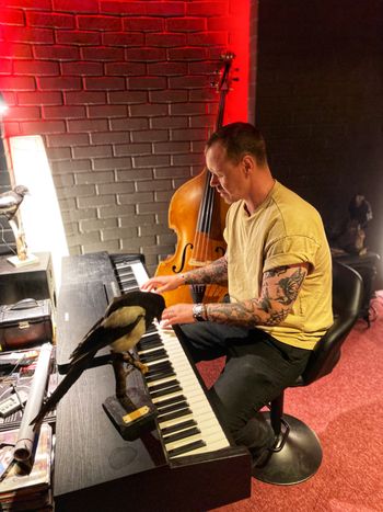 Loungedel med piano och akustiska instrument
