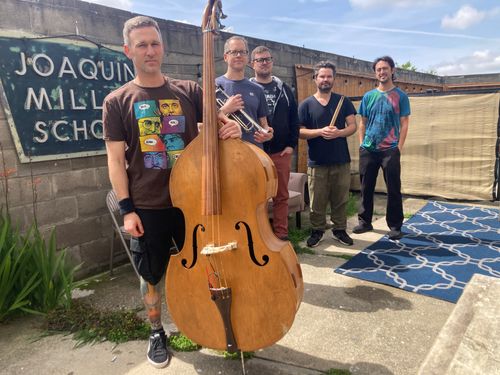 The Doodle Cats band — Mighty Joe Belson, Erik Jekabson, Carl Schultz, Kevin Wong, and Julian Hogan at The Teahouse Studio, Oakland, CA.