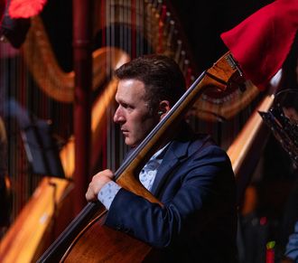 Joe Belson performing on upright bass with the Awesome Orchestra in Berekely, CA