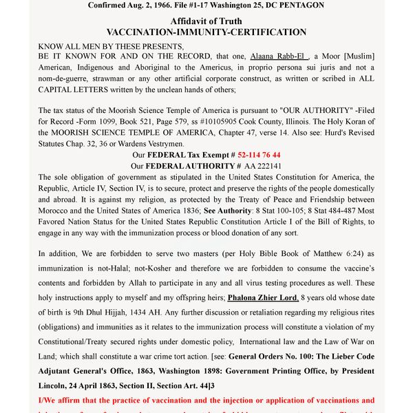 Moorish American Vaccine Immunity Certificate