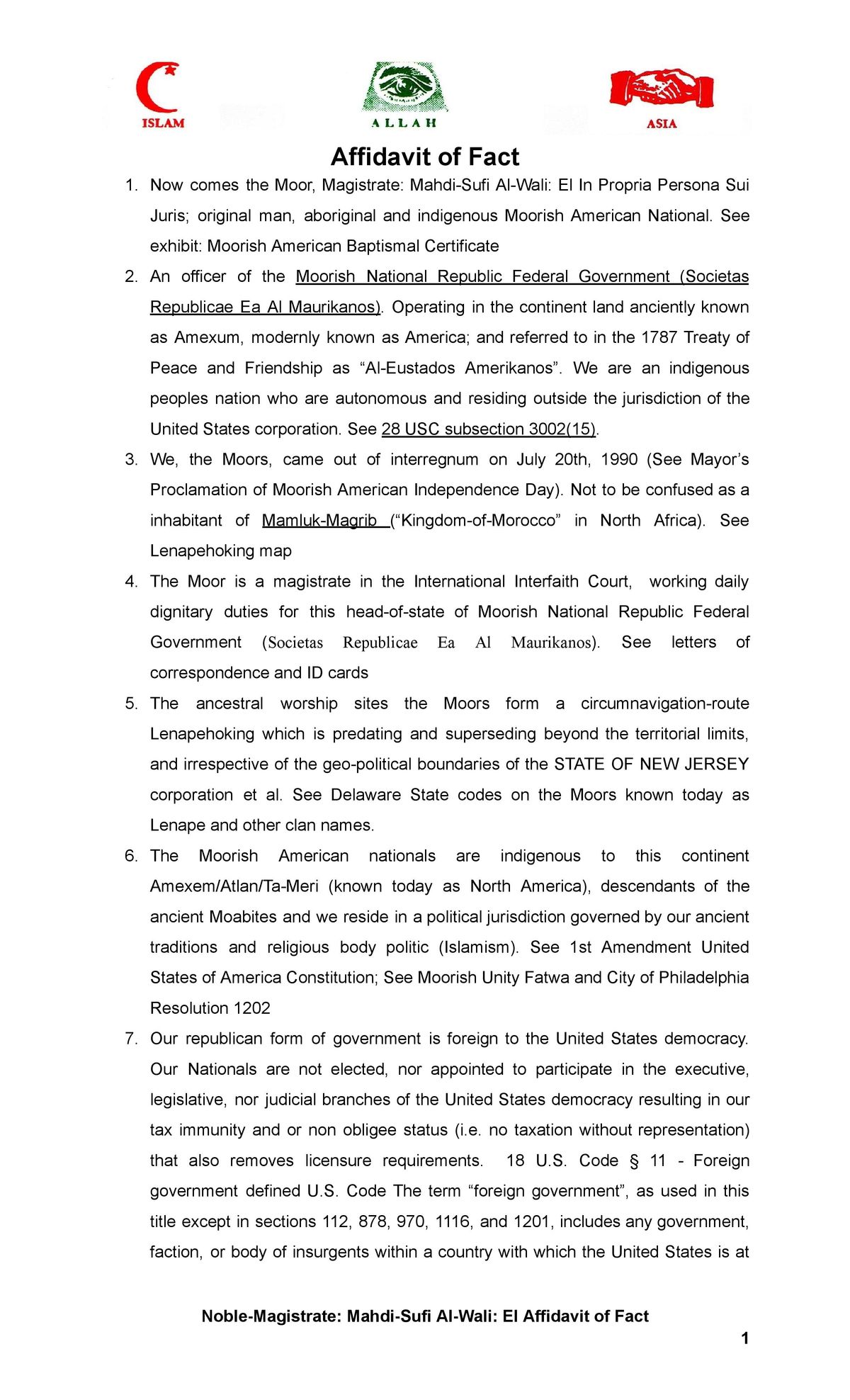 Noble: Magistrate Mahdi-Sufi :El Affidavit of Fact
