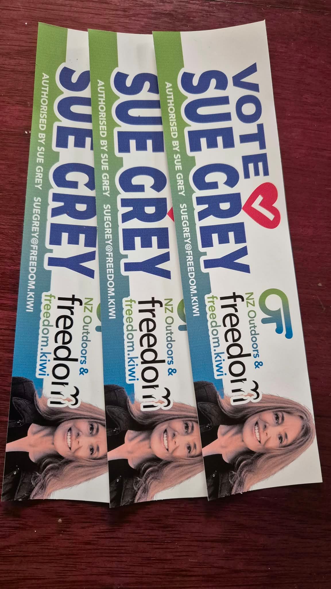 3 x Bumper Stickers Sue Grey for Westcoast Tasman (inc postage) 