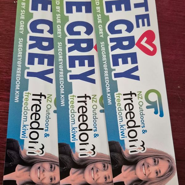 3 x Bumper Stickers Sue Grey for Westcoast Tasman (inc postage) 
