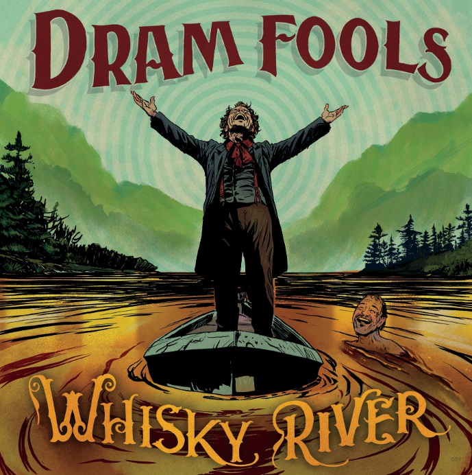 Whisky River album cover with a man in a boat, arms outstretched, and another in the water, grinning.
