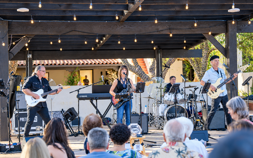 PretendAZ performing live at Tohono Chul in Tucson with vocals, guitar, bass, and drums.