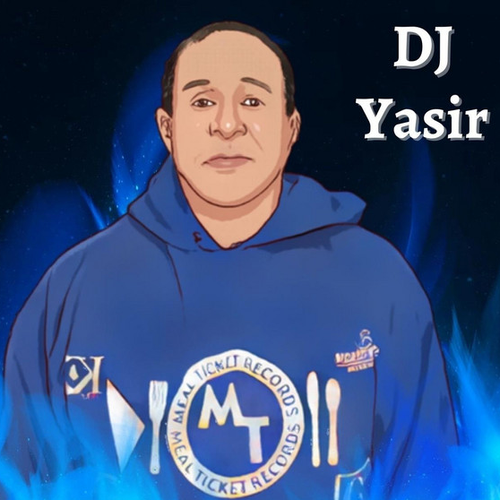 Dj Yasir is wearing a blue meal ticket records hoodie. Blue flames and black background. Words DJ Yasir. Cartoon illustration