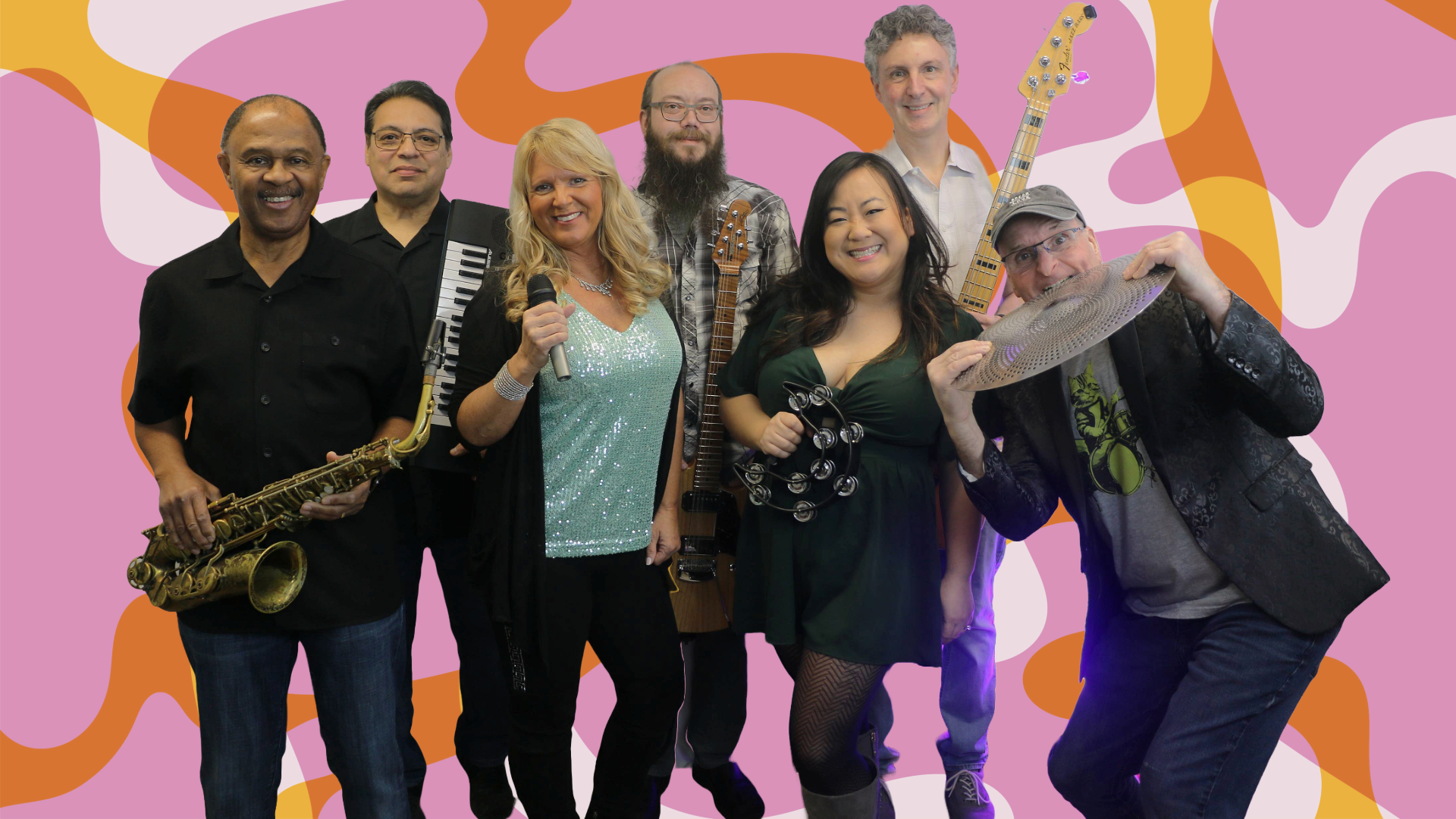 Soulfunktion Seattle 7 piece band posing with saxophone, keys, guitar, bass, tambourine and cymbal, showing the full live lineup