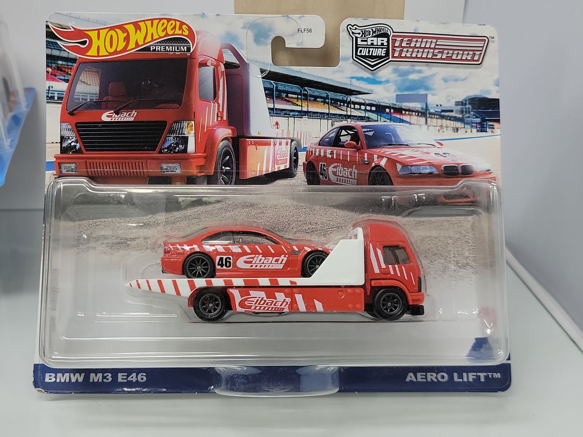 HOT WHEELS PREMIUM TEAM TRANSPORT – BMW M3 E46 & AERO LIFT – EIBACH RACING LIVERY – SEALED