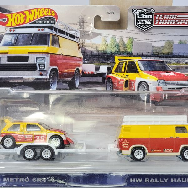 🔥 HOT WHEELS PREMIUM – CAR CULTURE TEAM TRANSPORT 🔥 MG METRO 6R4 + HW RALLY HAULER • METAL/METAL • REAL RIDERS