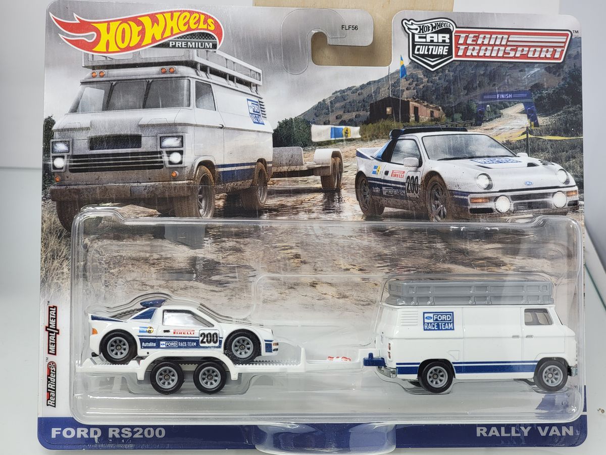 HOT WHEELS PREMIUM TEAM TRANSPORT – FORD RS200 & RALLY VAN – FORD RALLY TEAM LIVERY – SEALED