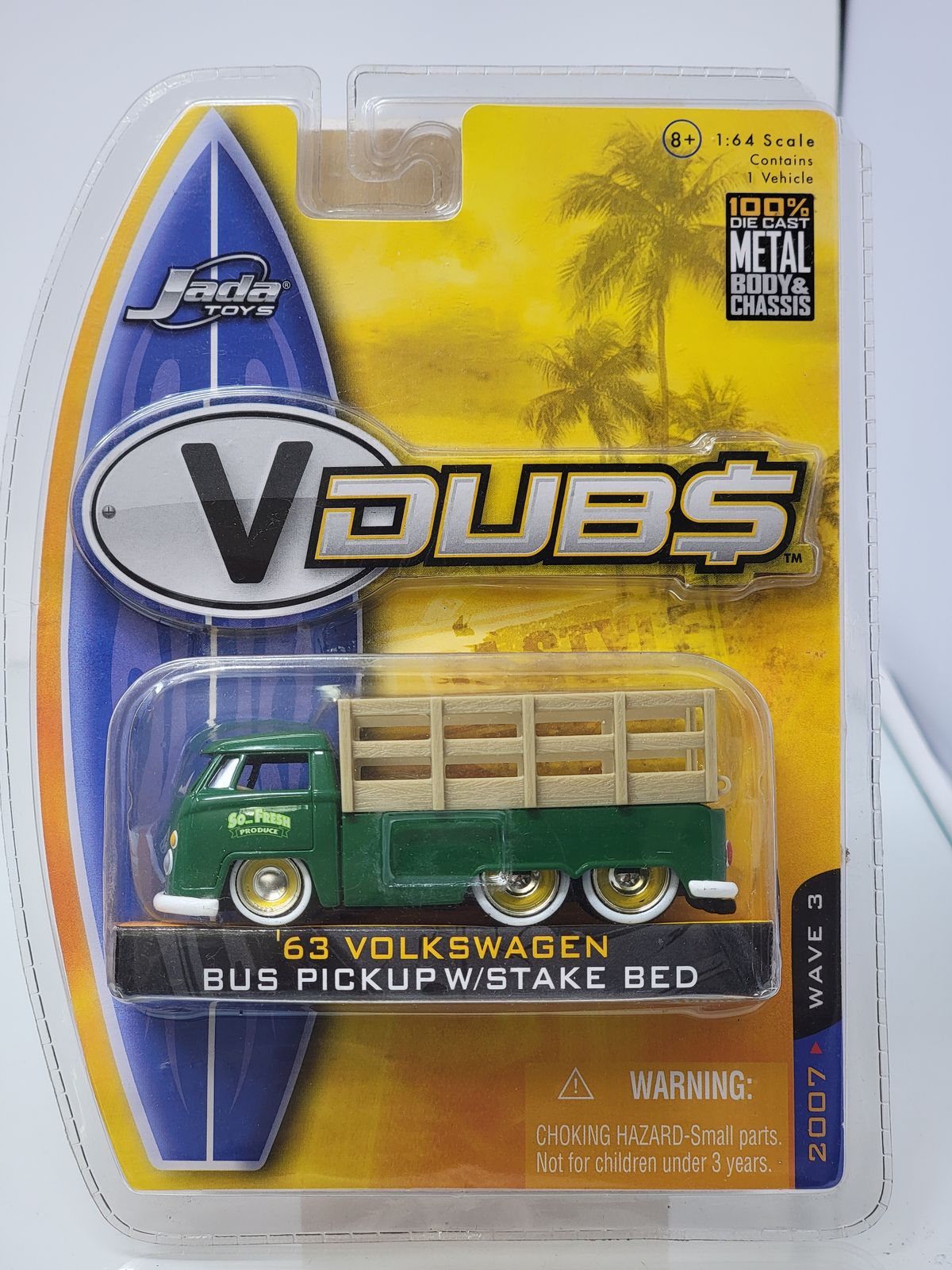 JADA V-DUBS 1963 VOLKSWAGEN BUS PICKUP 1:64 GREEN DIECAST – STAKE BED (2007)