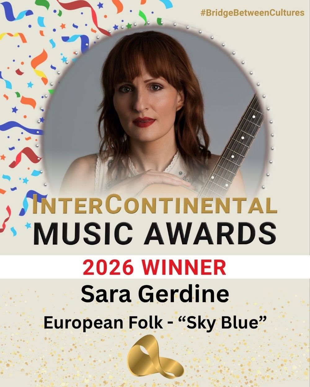 “Sara Gerdine wins 2026 InterContinental Music Awards for European Folk with ‘Sky Blue’.”