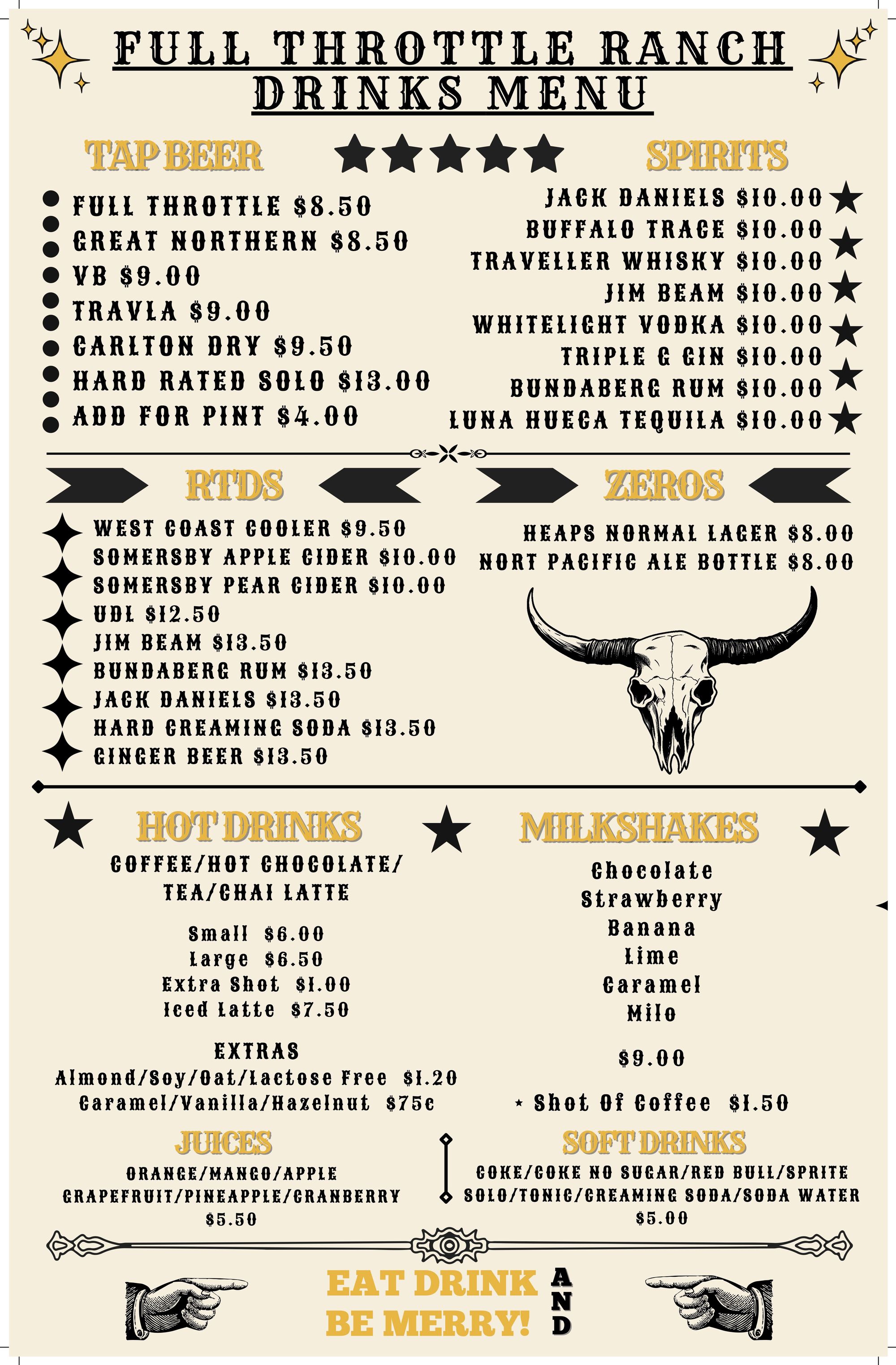 Full Throttle Ranch - Drinks Menu