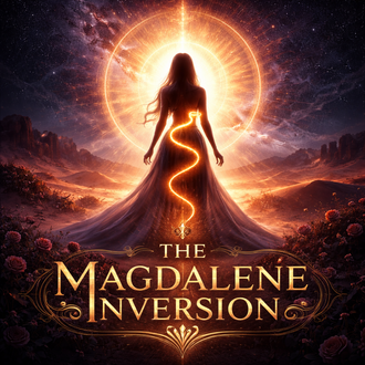 Luminous feminine figure in desert with glowing halo and serpent energy rising, symbolizing Magdalene inversion, sacred union, divine feminine awakening, and cosmic gnosis returning