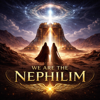 Two cloaked figures approach glowing ancient structure under cosmic sky with radiant beam, symbolizing Nephilim awakening, ancient power, divine lineage, and celestial activation