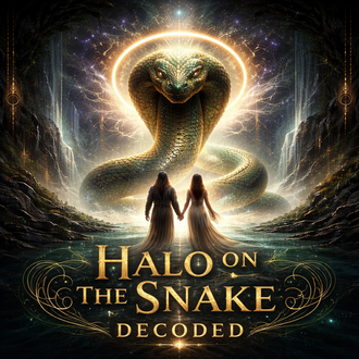 Massive glowing serpent with halo above its head facing two figures in mystical water cavern, symbolizing sacred knowledge, kundalini awakening, and halo on the snake decoded concept