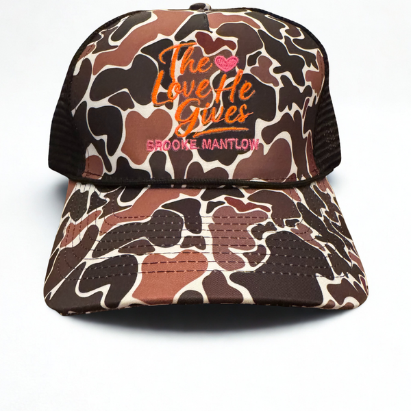 The Love He Gives Camo Trucker Hat