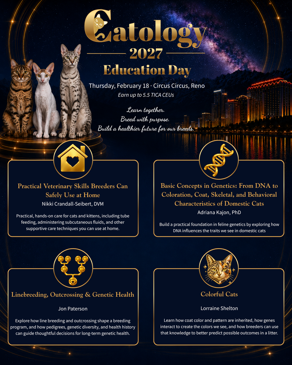 Quality cat education on medical practices you can do at home, basic genetics, linebreeding, outcrossing, and genetic diversity, and color genetics. 