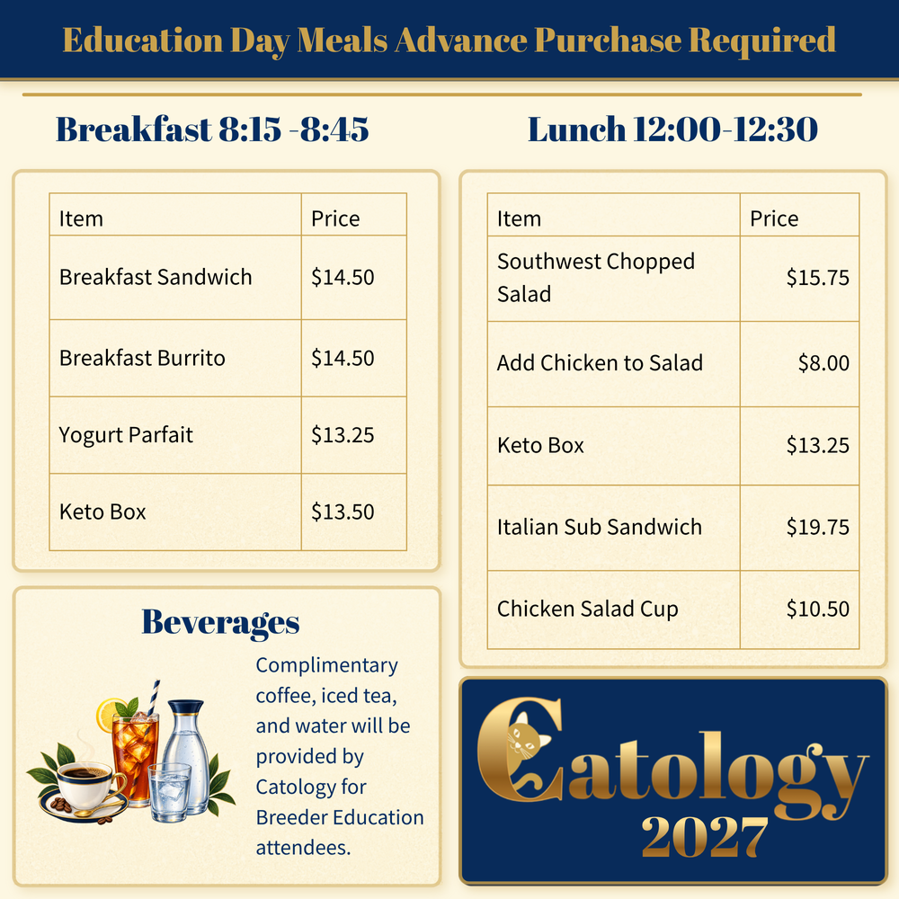 Catology 2027 Education Day meal menu with advance-purchase breakfast and lunch options, prices, and complimentary coffee, iced tea, and water for attendees.
