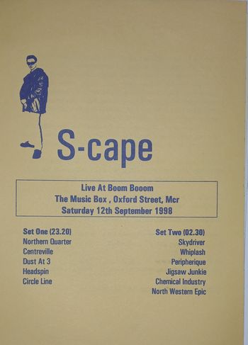 1998 - club night hosted by collective BoomBooom at The Music Box, Manchester. Performed under the name S-cape which was my alias for the electronic instrumental side of things. I created these setlist flyers for the tables in the venue.
