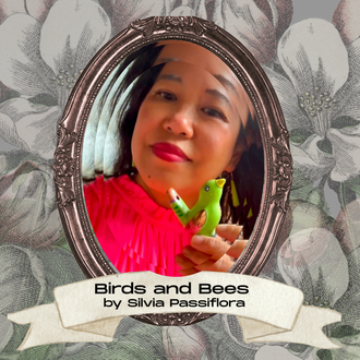 Silvia Passiflora, Southern Gothic Folk poet-songwriter, holding a bird whistle looking in the mirror