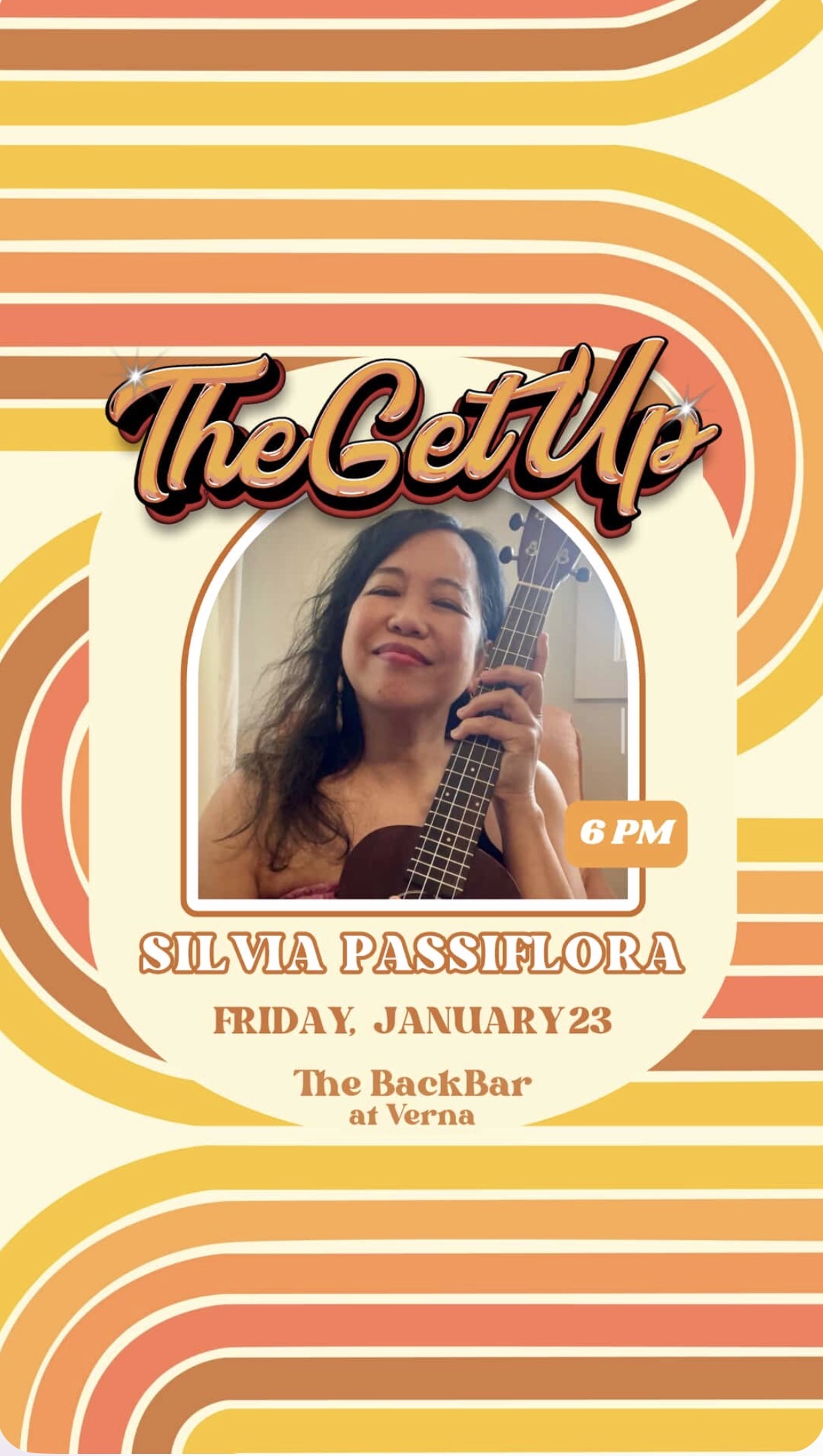 Silvia Passiflora, Southern Gothic Folk poet-songwriter, in a retro flyer with gold tones announcing her performance hosted by TheGetUp at The Back. Bar in Nashville.