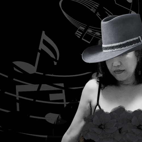 Silvia Passiflora, Southern Gothic Folk poet-songwriter, in a dramatic noir portrait wearing a wide-brimmed hat, face cast in shadow against a dark background of abstracted musical notation.