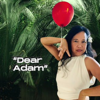 Silvia Passiflora, Southern Gothic Folk poet-songwriter, album cover to "Dear Adam" with Silvia in white with red balloon
