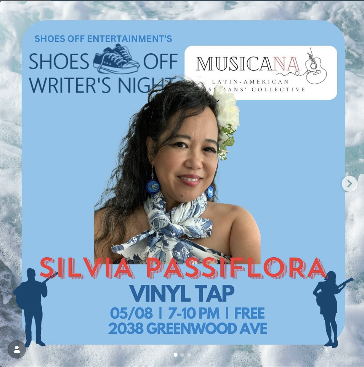 Silvia Passiflora, Southern Gothic folk poet-songwriter, featured on a promotional flyer for Shoes Off Writer's Night at Vinyl Tap Nashville, May 8, 2024. Blue and white gown with flower in her hair. 
