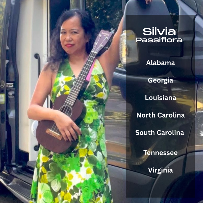 Silvia Passiflora, Southern Gothic Folk poet-songwriter, with an ukulele beside her tour van, listing touring states: Alabama, Georgia, Louisiana, N.Carolina, S.Carolina, Tennessee, Virginia