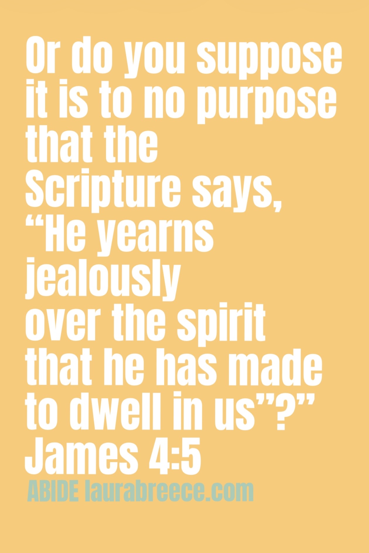 A tangerine background with white letters with the verse James 4:5 Or do you suppose it is to no purpose that the Scripture says, “He yearns jealously over the spirit that he has made to dwell in us”?