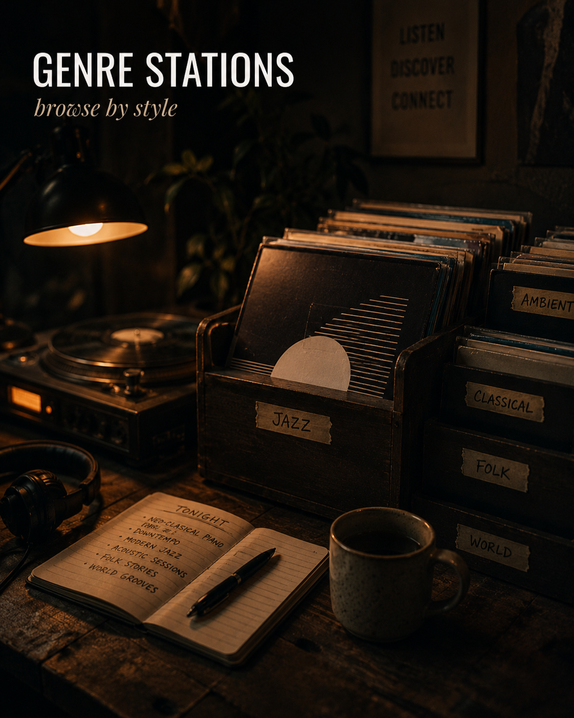 GENRE STATIONS  Curated stations built around styles, scenes, and listening atmospheres. From neo-classical piano to ambient, folk, blues, and world music.