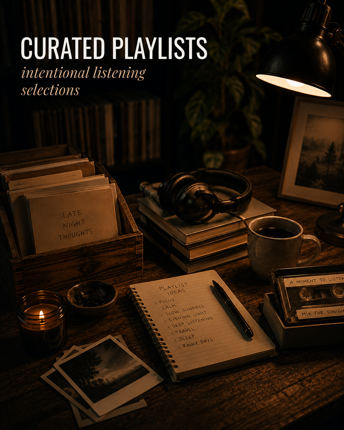 CURATED PLAYLISTS  Intentional listening selections shaped by mood, atmosphere, and time of day.  From quiet mornings to deep night listening, these playlists bring together instrumental music chosen with care for focus, reflection, travel, reading, and everyday moments.  A space for discovering independent artists, hidden gems, and sounds that stay with you.