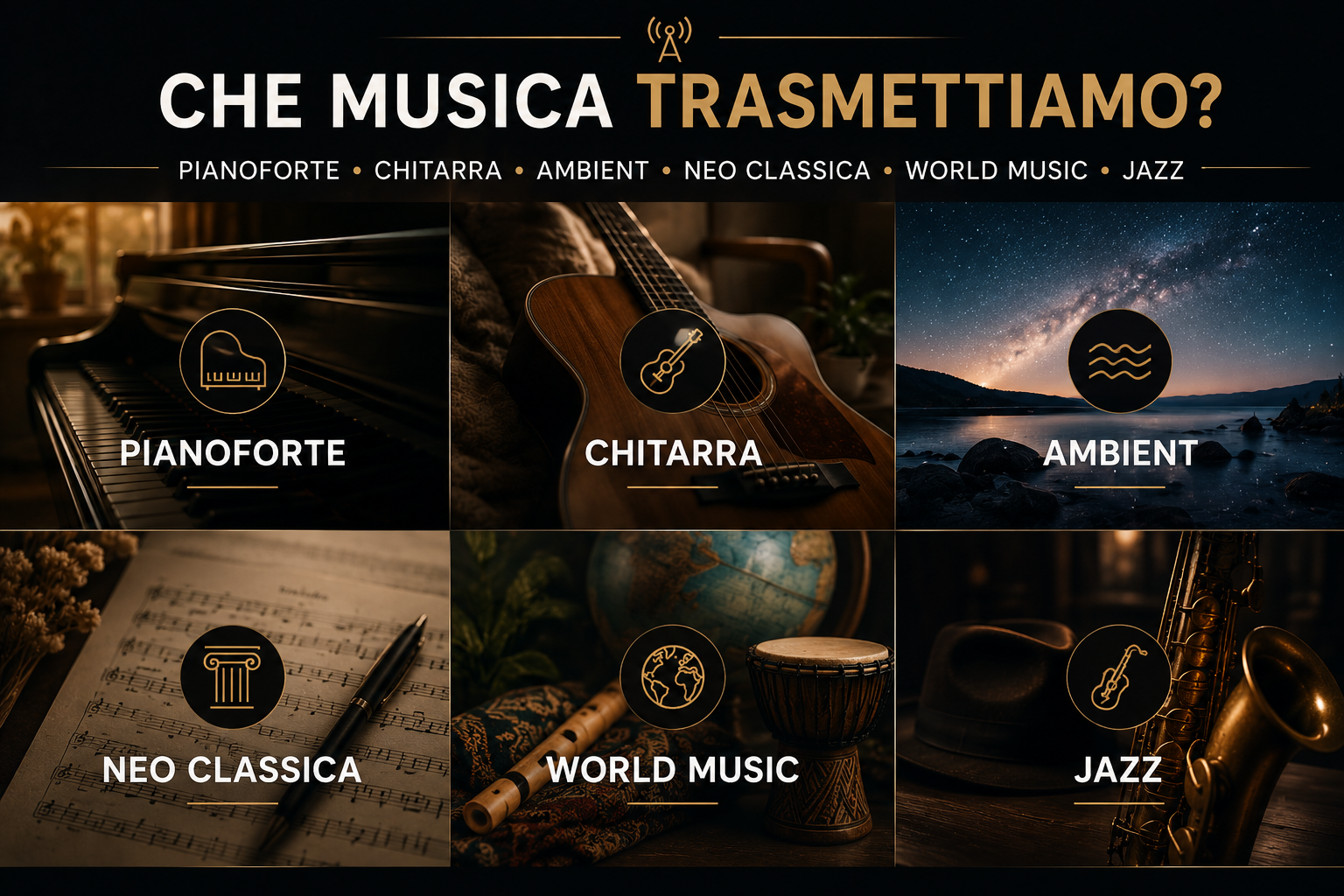 CHE MUSICA TRASMETTIAMO?  Sottotitolo  Pianoforte • Chitarra • Ambient • Neo Classica • World Music • Jazz