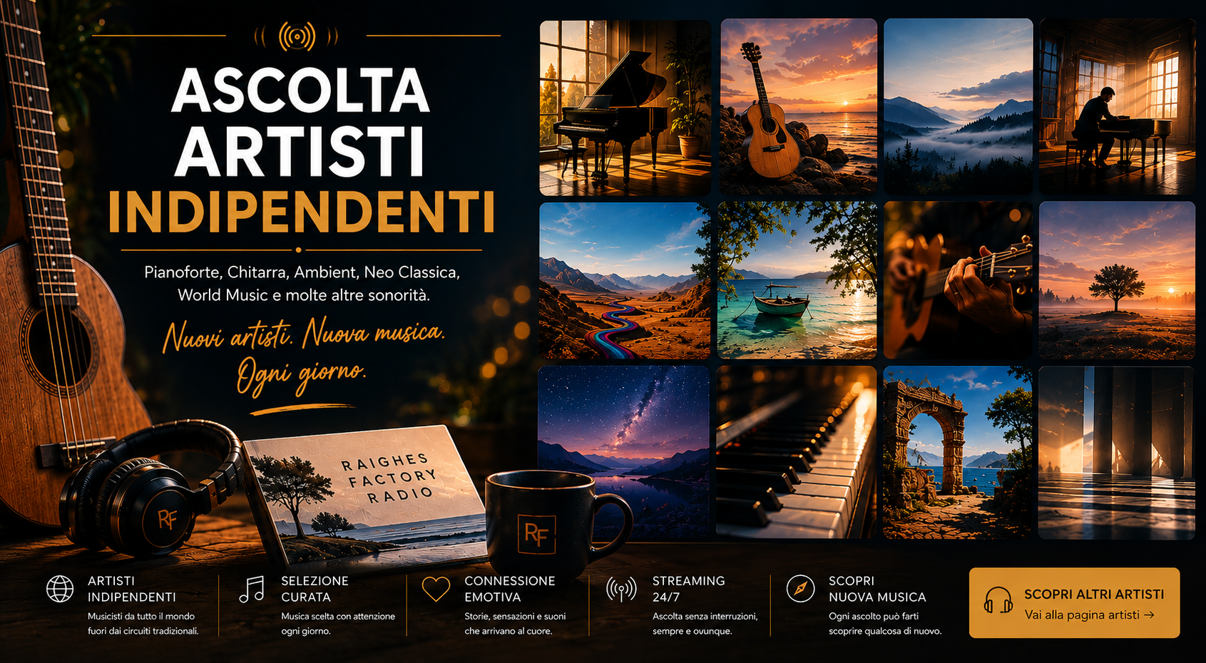 Raighes Factory Radio ascolta artisti indipendenti Pianoforte, Chitarra, Ambient, Neo Classica, World Music e molte altre sonorità. Nuovi artisti. Nuova musica. Ogni giorno.