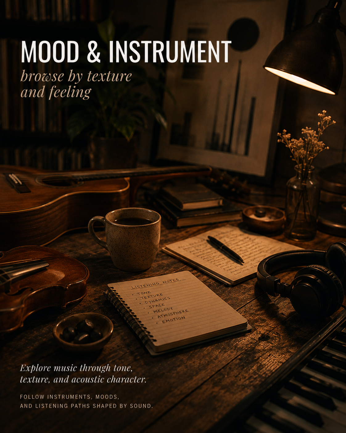 MOOD & INSTRUMENT  Explore music through tone, texture, and acoustic character. Follow instruments, moods, and listening paths shaped by sound.