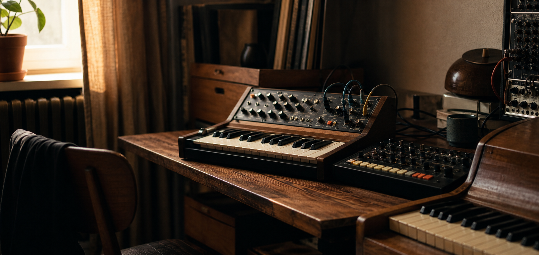 Analog synthesizers and electronic instruments in a warm independent music studio