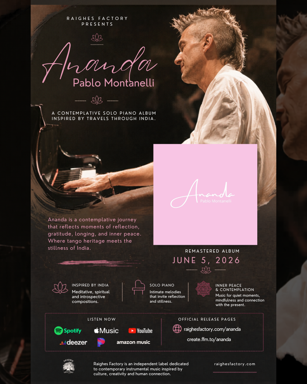 Promotional artwork for Ananda by Pablo Montanelli featuring the Argentine pianist performing at the piano alongside the album cover, highlighting the remastered solo piano album inspired by 