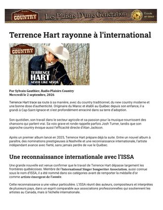 Terrence Hart 2026 ISSA Awards Radio Plaisirs Country