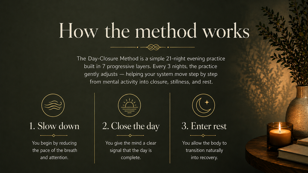 Infographic explaining how The Day-Closure Method, a 21-night evening protocol for mental closure and rest, works through three steps: slow down, close the day, and enter rest.