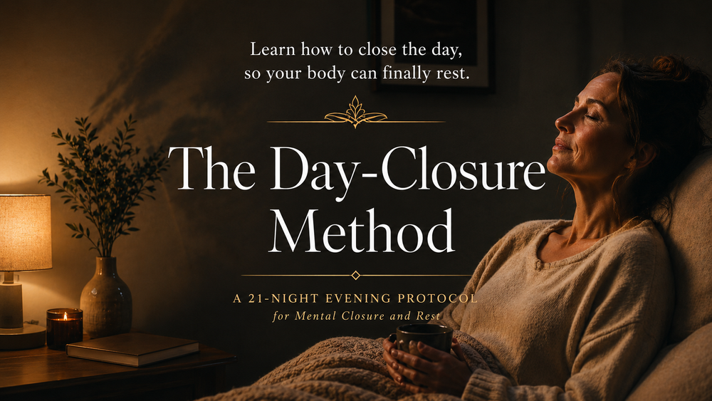 Woman resting peacefully in a warm evening room, introducing The Day-Closure Method, a 21-night protocol for mental closure and rest.