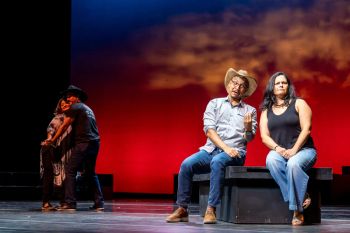 Rehearsing as Laurentino, from Cruzar la Cara de la Luna. Opera San Antonio 2024. by Bria Woods. From the left, Vanessa Alonso and Miguel de Aranda (dancing); Octavio Moreno and Cecy Duarte.
