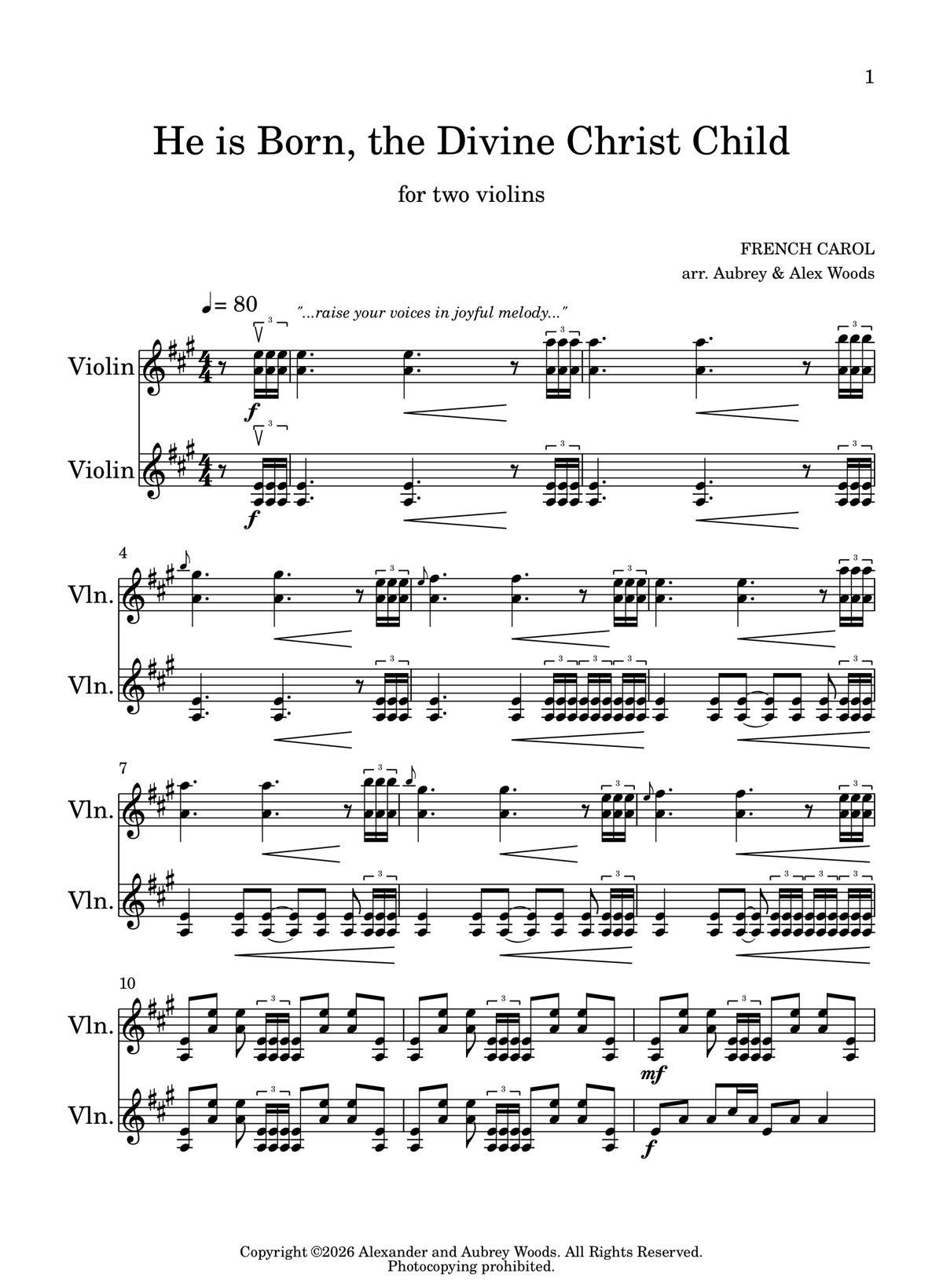 He is Born, the Divine Christ Child - for two violins