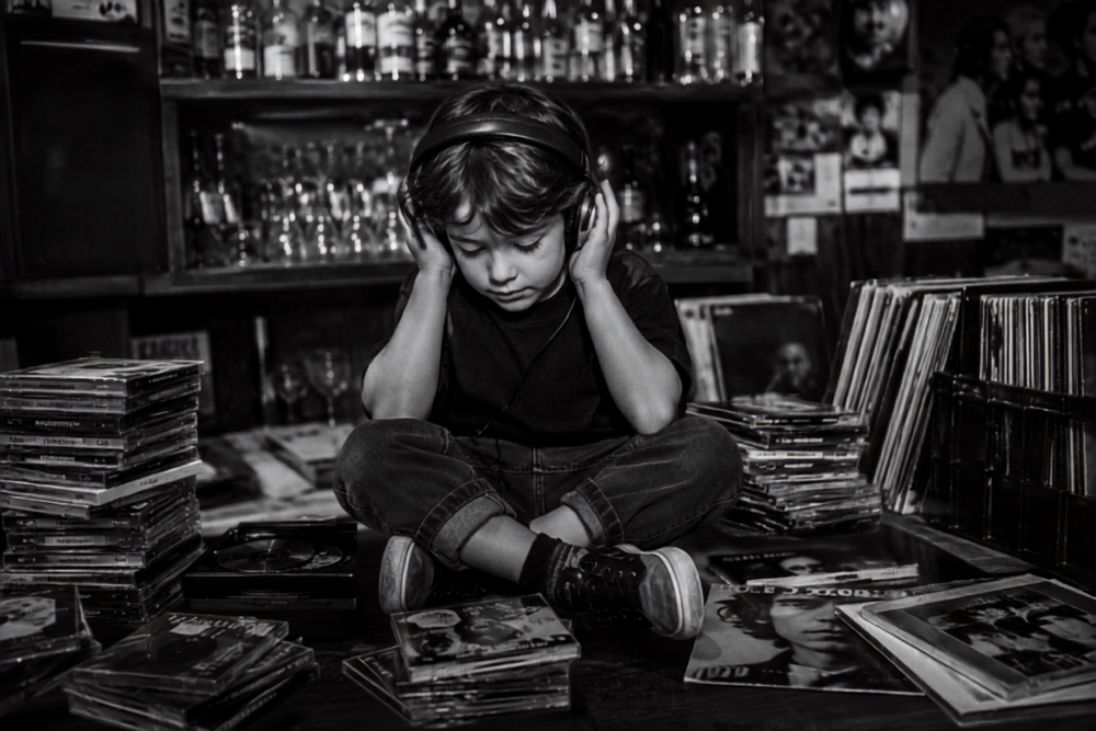 A child listening to music surrounded by vinyl records in a bar