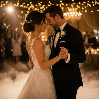 Bride and groom sharing their first dance at a wedding reception, celebrating their love with a personalized custom wedding song.
