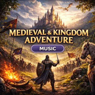 Medieval and kingdom adventure royalty-free background music for creators, showing a knight before a grand castle with battle scene and epic fantasy setting.
